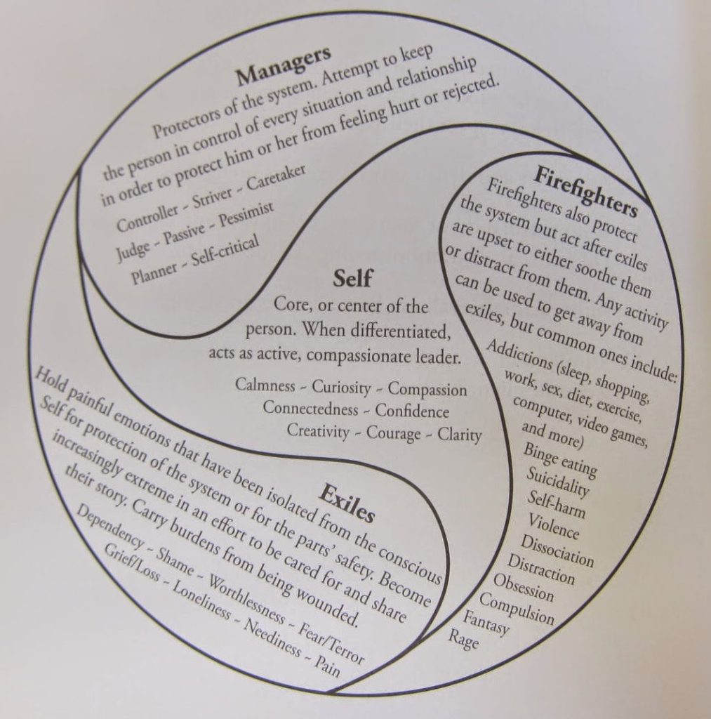 A description of the key components of IFS Therapy: Manager, Firefighter, Exiles and Self.
